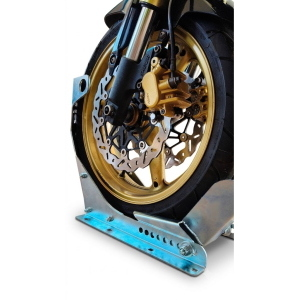 FERMAMOTO PROFESSIONALE BLOCCA RUOTA ANTERIORE UNIVERSALE IN ACCIAIO ZINCATO PER RIMORCHIO FURGONE E OFFICINA TRASPORTO MOTO